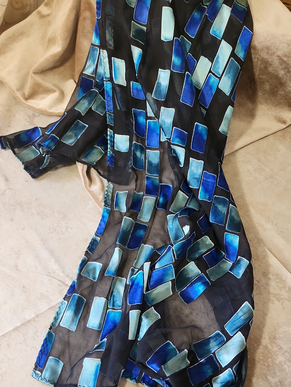 Coldwater Creek Black Sheer Scarf with Blue and Aqua Geometric Blocks